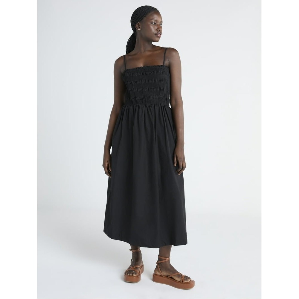 NEW Scoop Smocked Cotton Maxi Dress Womens XS Black Pockets LBD Coastal Cottage